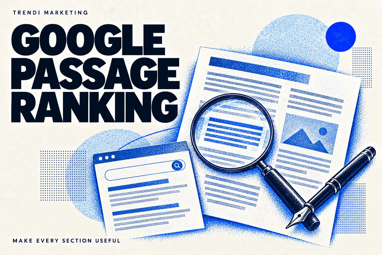Blue editorial illustration of a magnifying glass highlighting a passage within an article.