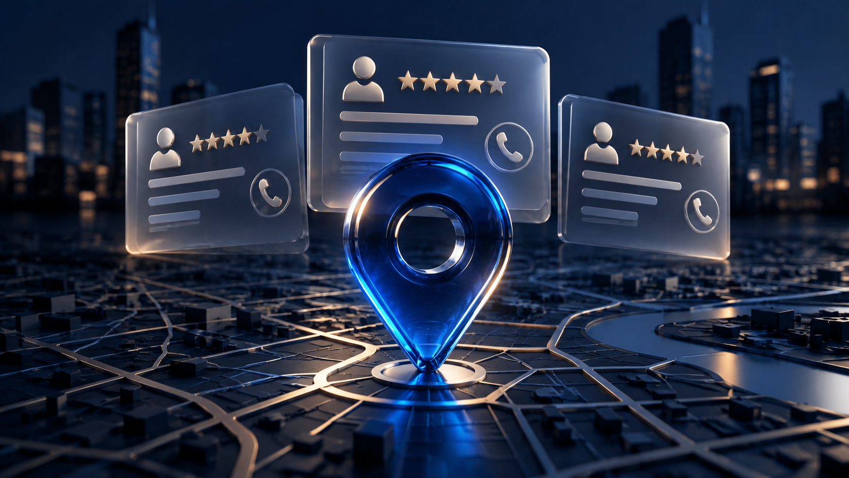 Blue location pin over a city map with service listing cards, star ratings, and phone symbols.