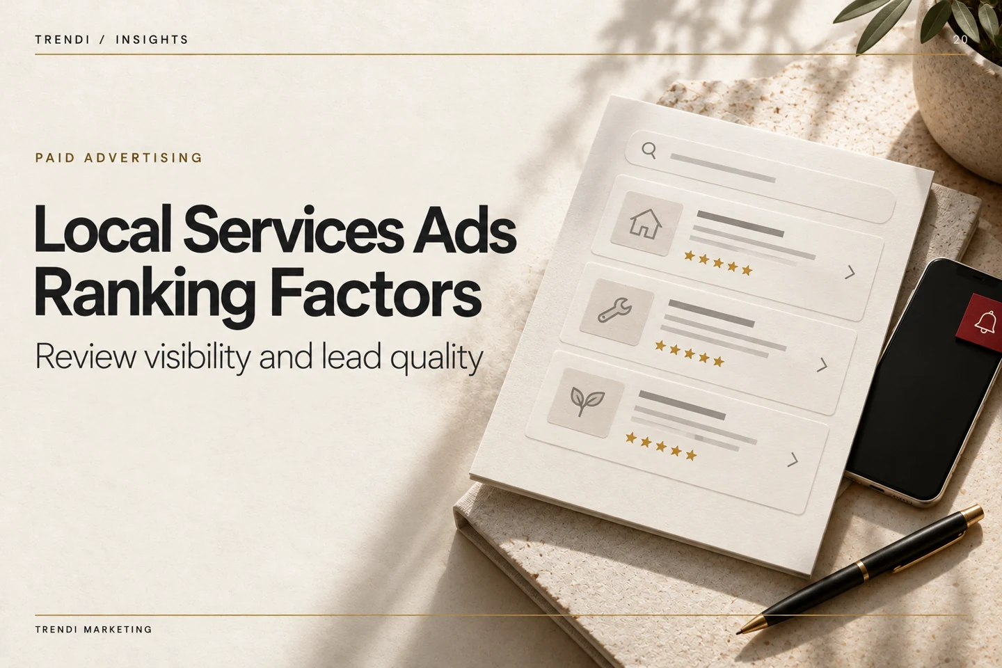 Factores de posicionamiento de los anuncios de servicios locales — Portada editorial de Trendi Insights