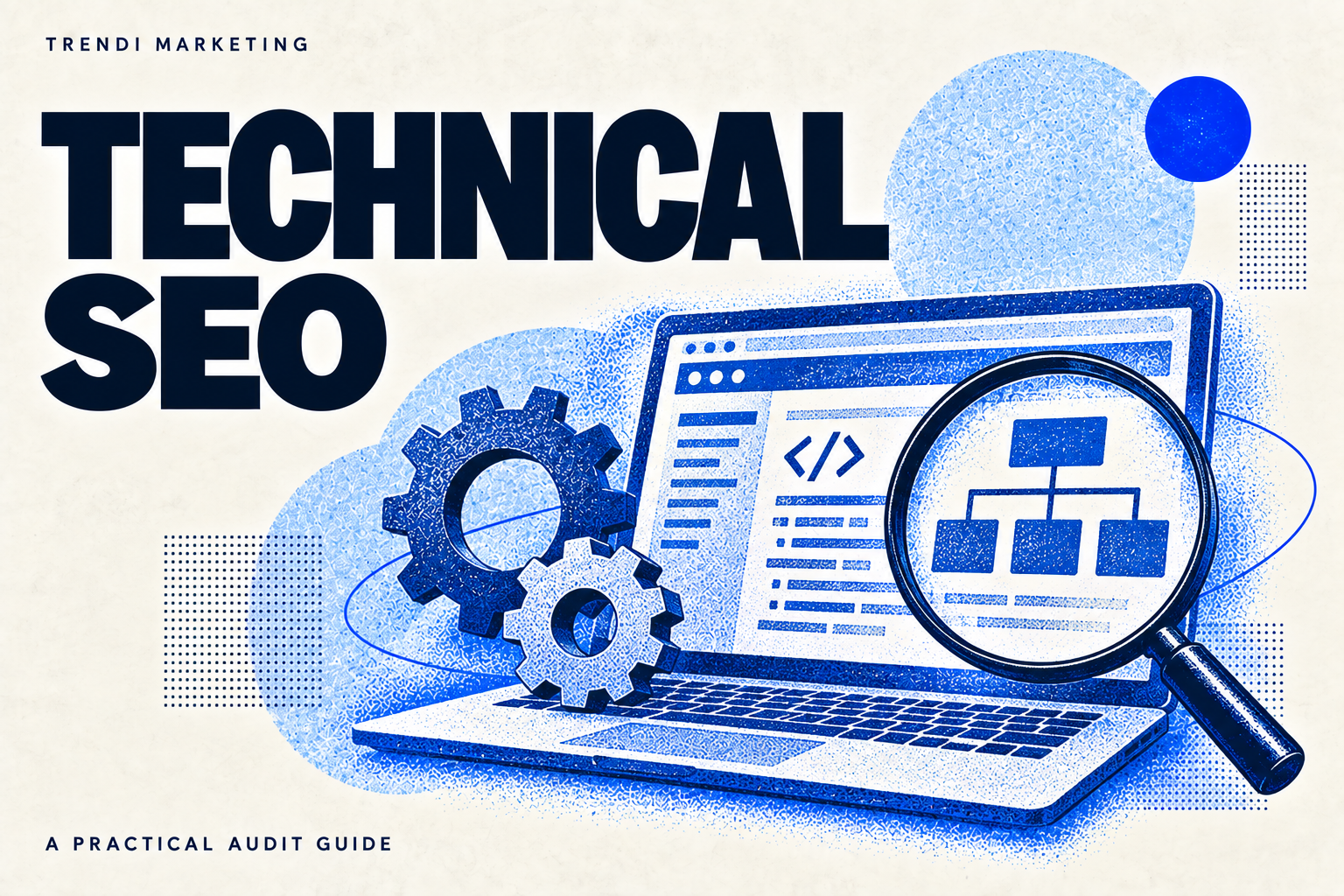 Blue editorial illustration of a laptop, gears, and a magnifying glass inspecting website structure.
