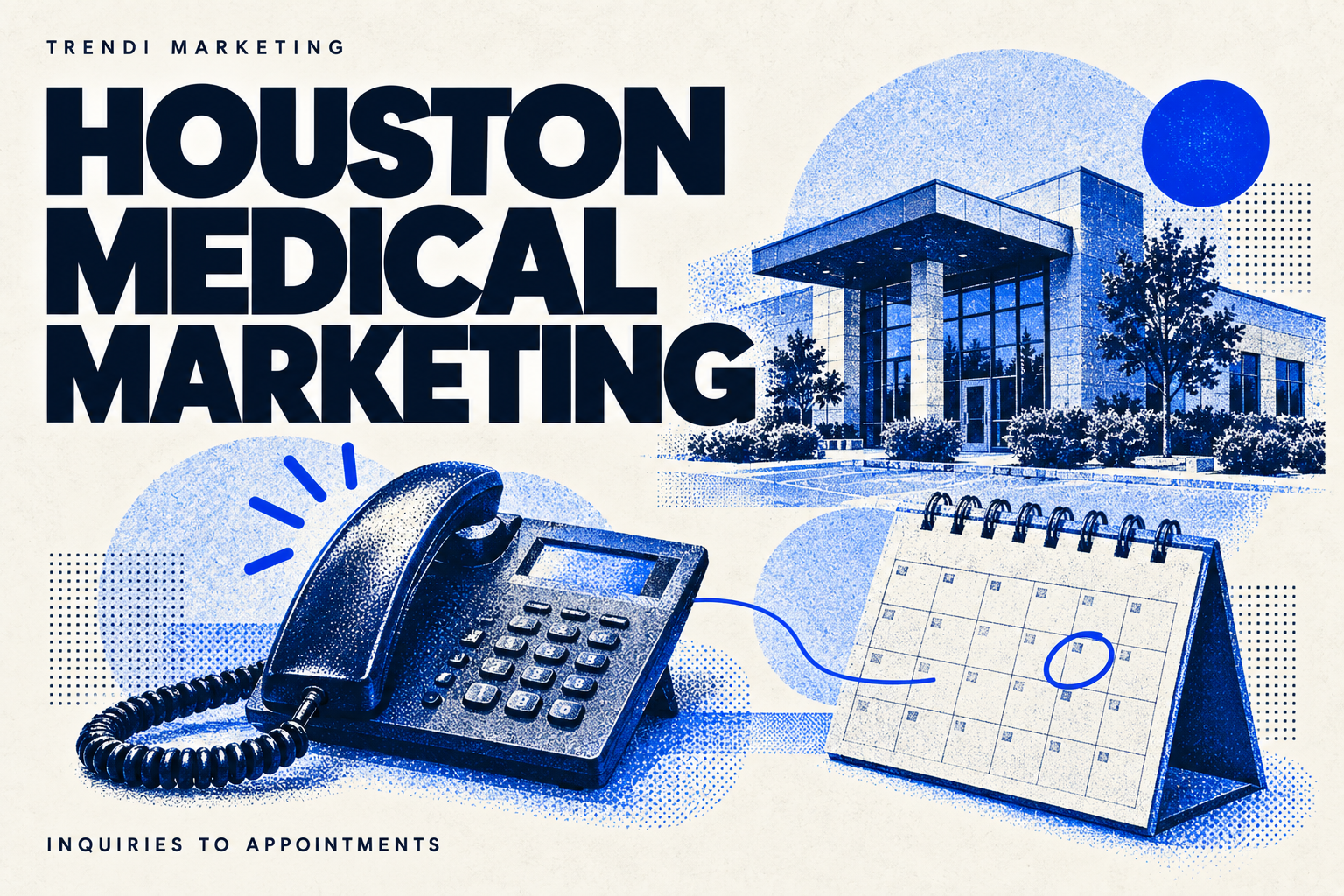 Houston Medical Marketing: Inquiries to Appointments, with a clinic, telephone, and appointment calendar.
