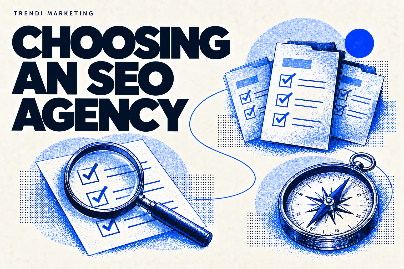 Choosing an SEO Agency cover with blue illustrations of proposal checklists, a magnifying glass and compass.