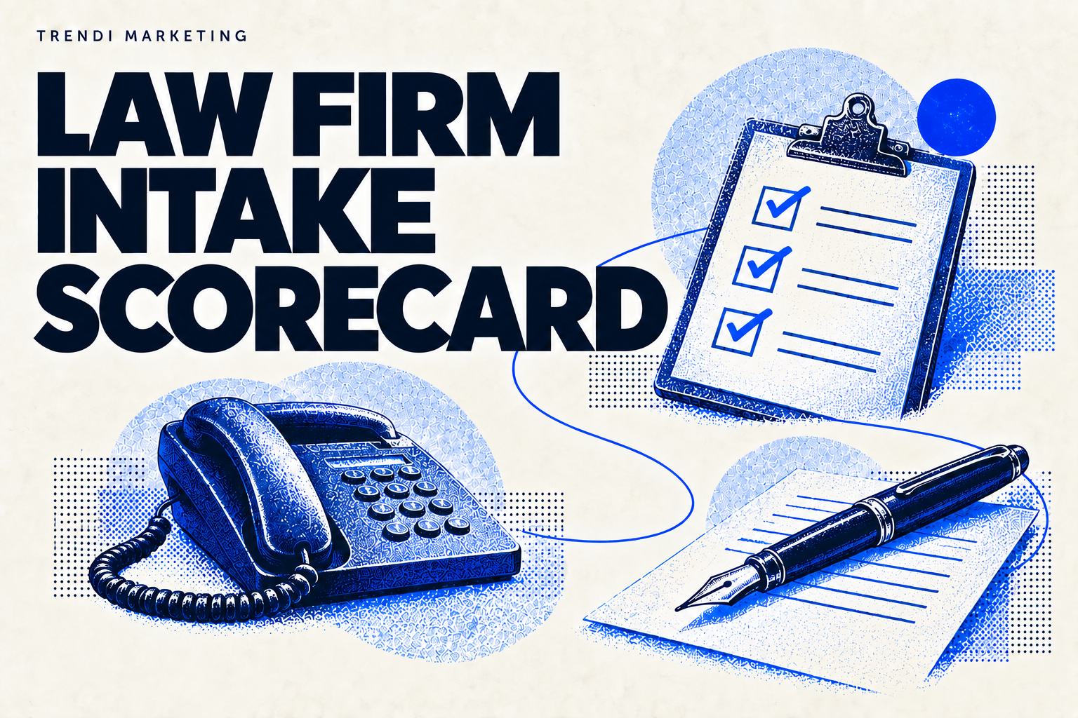 Law Firm Intake Scorecard cover with blue illustrations of a checklist, telephone and fountain pen.
