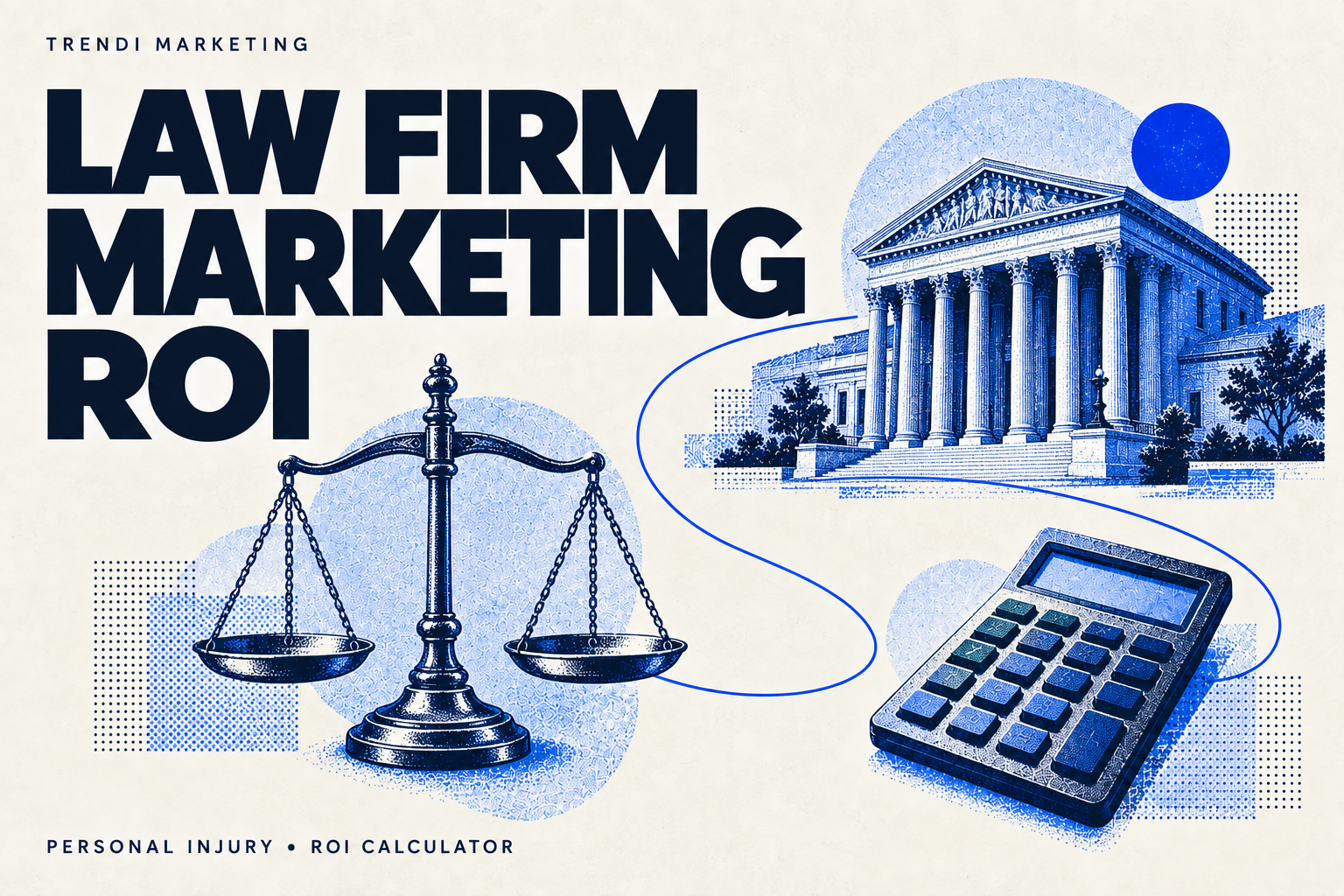 Law Firm Marketing ROI cover with blue illustrations of a courthouse, scales of justice and calculator.