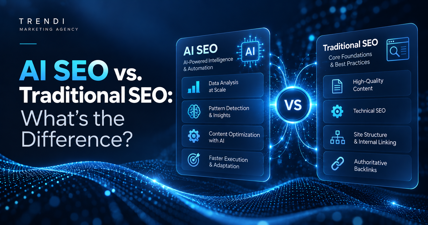 AI SEO versus traditional SEO comparison showing AI-powered analysis alongside technical SEO, content, and internal linking.