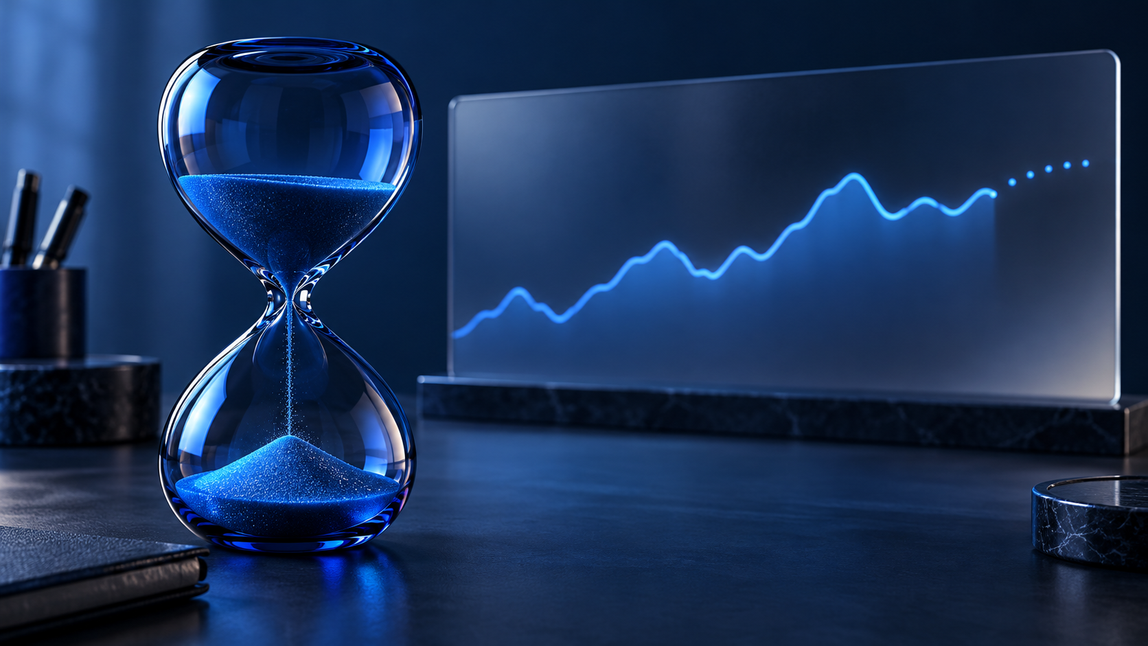 Blue glass hourglass beside an abstract analytics chart, illustrating delayed reporting data.
