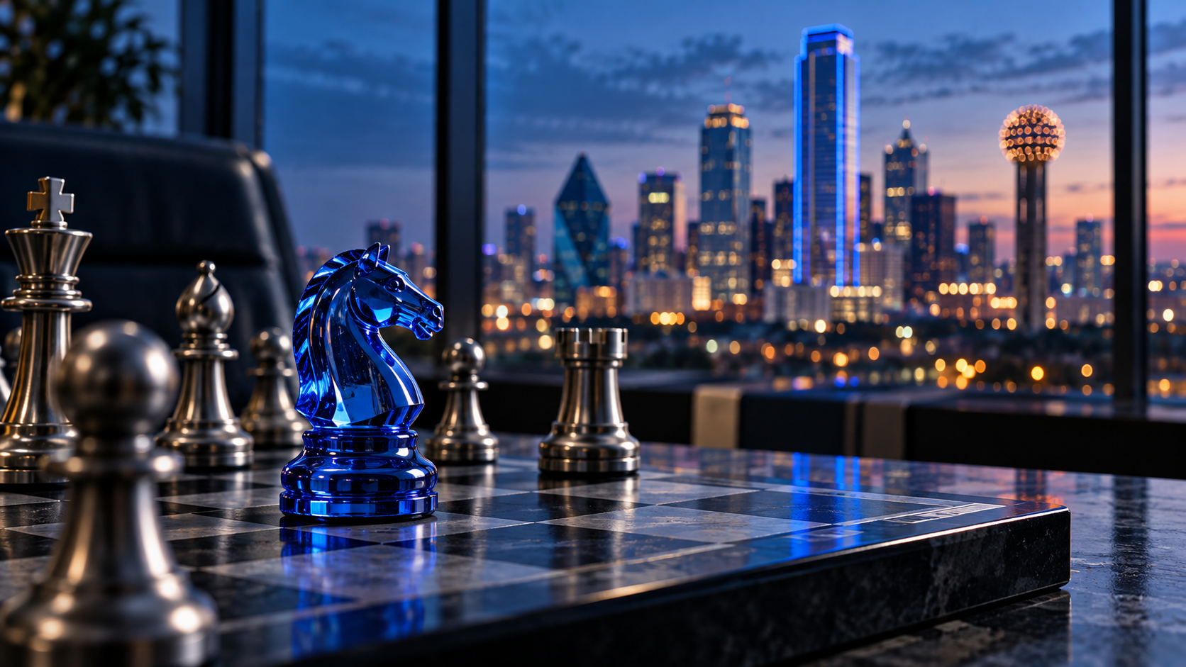 Blue glass chess knight with the Dallas skyline behind it, illustrating strategic market positioning.