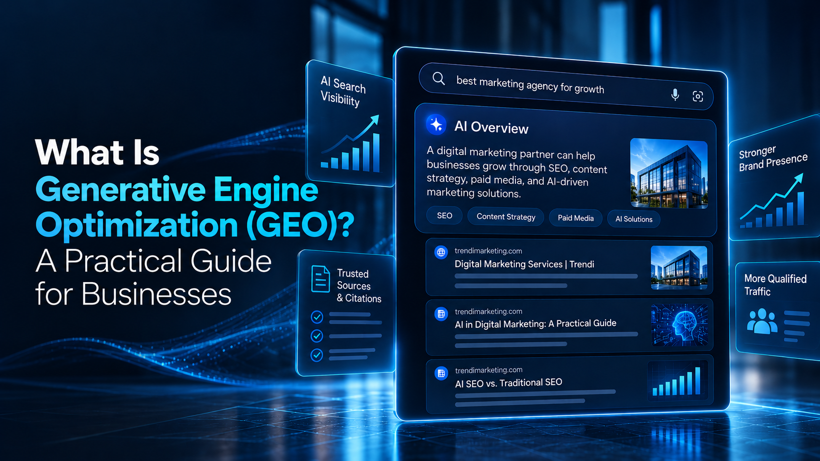 Generative Engine Optimization (GEO) illustrated through AI-powered search results, trusted sources, and search visibility.