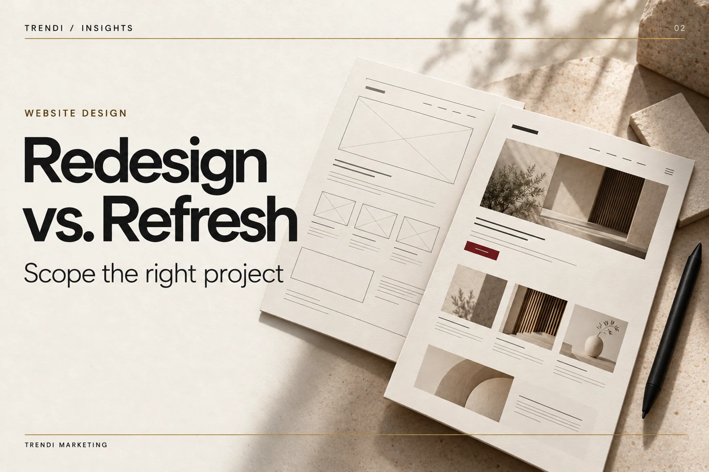 Rediseño de un sitio web vs. actualización — Portada editorial de Trendi Insights