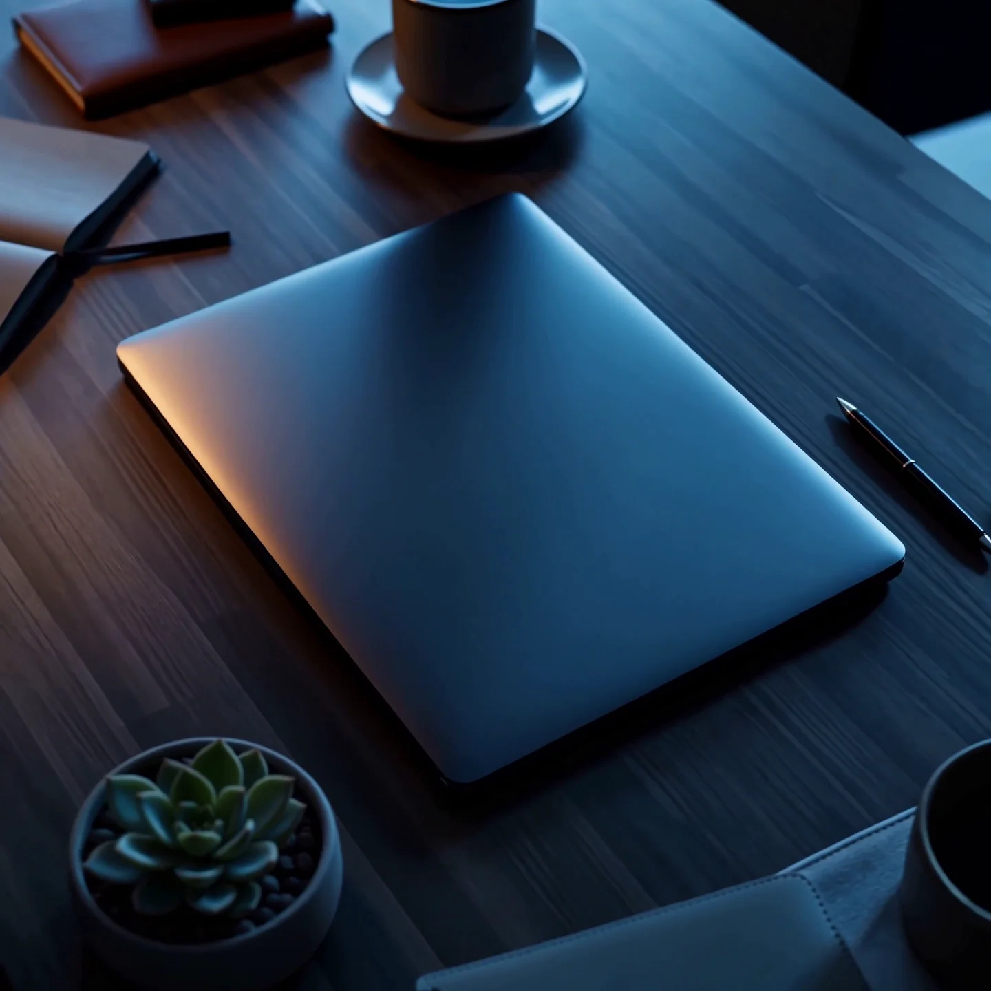 Laptop and notebook on a blue-lit desk