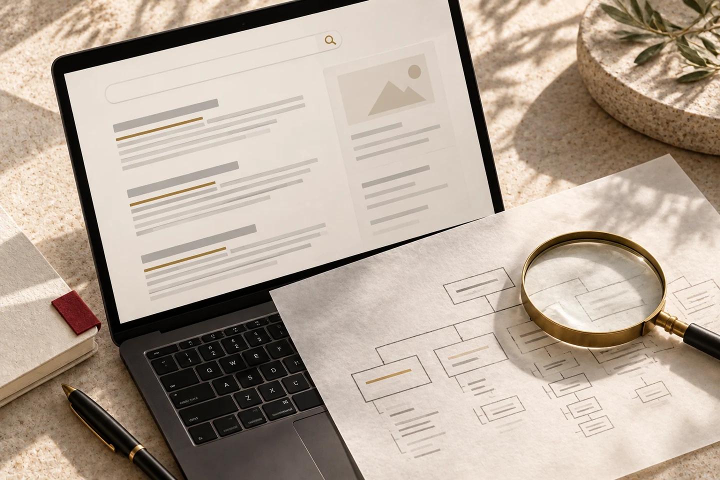 seo marketing editorial still life in ivory, charcoal, and brass